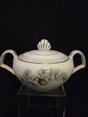 Vintage Kent China Silver Pine Covered Sugar Bowl with Lid Japan MCM